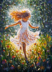 Young girl in a white dress is dancing freely among luminous flowers and glowing sparkling particles in a vibrant impressionistic summer garden, celebrating childhood joy and freedom © weris7554