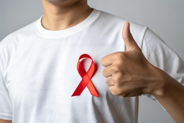 Man wearing a white t shirt with a red ribbon pinned to his chest giving a thumbs up gesture of support and awareness for aids and hiv prevention campaigns