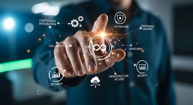 A realistic DevOps concept background featuring professional technology icons such as cloud computing, gears, coding, and automation symbols.