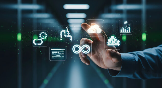 A realistic DevOps concept background featuring professional technology icons such as cloud computing, gears, coding, and automation symbols.