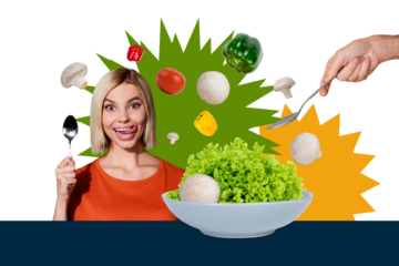 3D collage trend artwork sketch poster of young lady hold spoon eat salad dish dinner organic culinary feeding chef mushroom pepper tomato