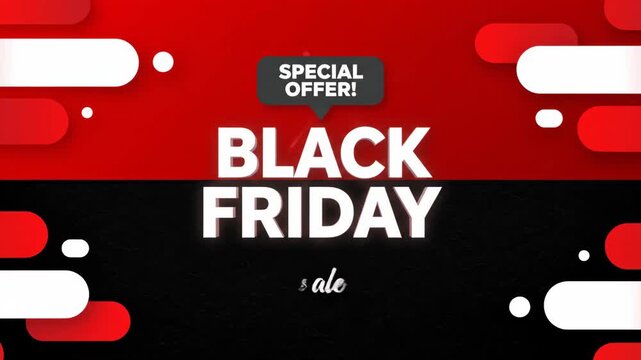 An overhead graphic design advertises a Black Friday sale with a dynamic red and black split composition, featuring white accent shapes and the text 'Special Offer!',