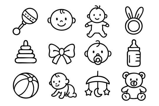 Baby and baby toys icon set in doodle style vector illustration