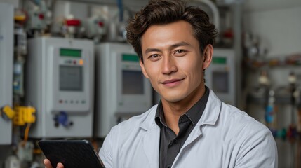 Man in Lab Coat Holding Tablet Device in a Modern Laboratory