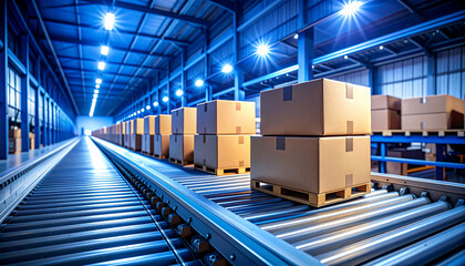 Cyber Monday Logistics Cardboard Boxes on Conveyor Belt, Seamless Packaging and Distribution for Holiday Shopping Season and Promos