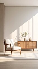 Light Beige Armchair and Wooden Cabinet in Minimalist Interior