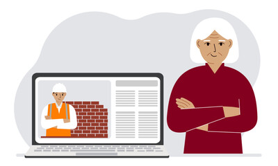 A man with a laptop and a construction company website. Concept of online search and finding construction or repair services. Vector flat illustration.