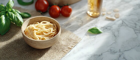 Savory Noodles in Rustic Bowl with Fresh Vegetables