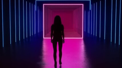 Silhouette Journey: Woman Walking Towards a Portal in a Futuristic Neon Corridor - Powered by Adobe