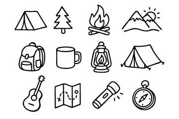 Camping and hiking icon set in doodle style vector illustration