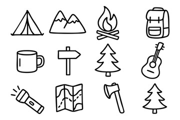 Camping and hiking icon set in doodle style vector illustration