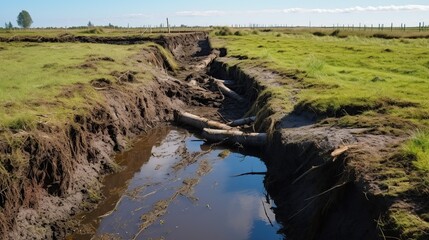 Eroded agricultural field showing a deep gully with water and fallen logs