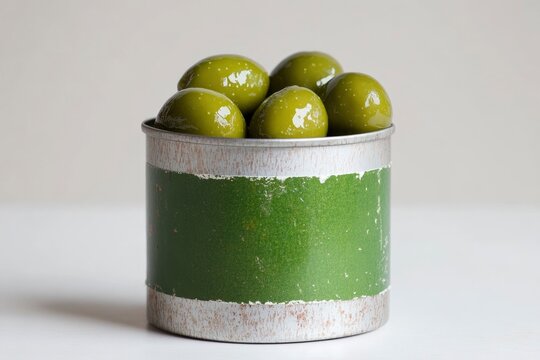 Preserved green olives in can