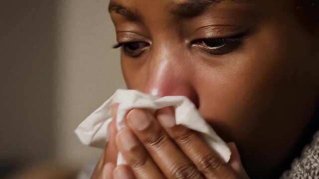 Woman Blowing Nose in Tissue With Swollen, Red Irritated Skin