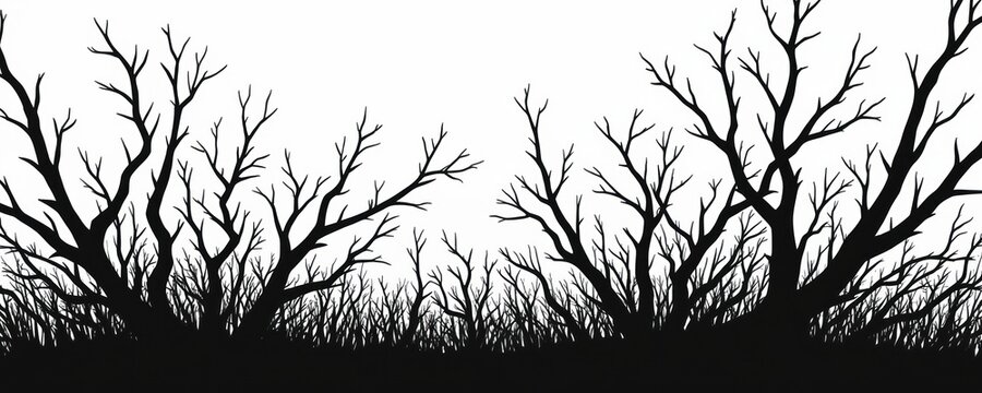 Black, white abstract illustration shows many bare tree branches, dense thorny bushes. Silhouette of winter forest spooky woods at night. Dead plants grow in wild nature, creating eerie backdrop.