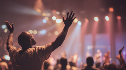 African american man raising hands in worship at a concert. Audience enjoying live music event with stage lights. Religious festival or rave.