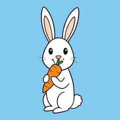 Cute cartoon white bunny holding and eating a fresh orange carrot on a blue background