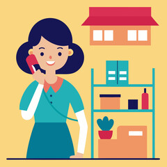 Woman on the phone in a store with shelves and a building in the background