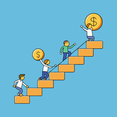People climbing stairs carrying coins symbolizing financial growth and success