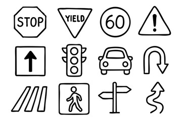 Traffic Icon Set in Doodle Style Vector Illustration