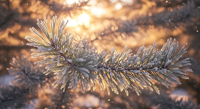 Close up of pine tree branch illuminated by sunlight during winter