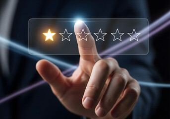 Fototapeta premium Customer gives one star rating with a glowing finger touch
