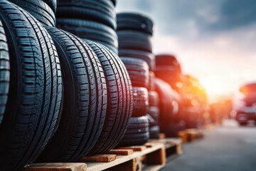 A large stack of new tires on wooden pallets with a bright sun shining through the sky on the horizon, creating a sense of anticipation for the road ahead.