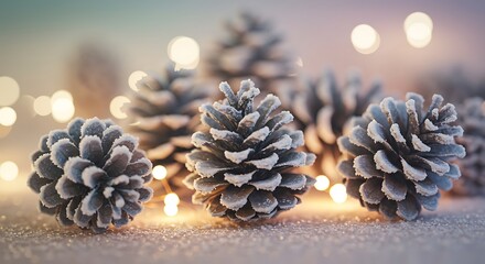 Close up of snow dusted pine cones with soft glowing lights background