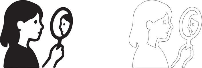 Woman looks in the mirror. Editable vector icon.