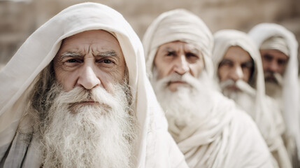 Close up of an elderly man with white beard and head covering, with other men blurred in background. Biblical or historical concept for faith.