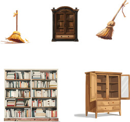 Bookshelf cabinet in color style, set of household appliances in color style 