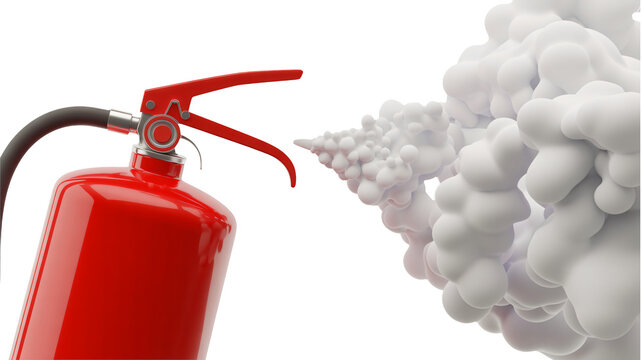 Emergency fire extinguisher spewing foam, essential safety equipment render