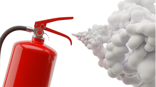 Emergency fire extinguisher spewing foam, essential safety equipment render