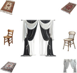 Vectors illustration of window curtains in color style, set of household appliances 