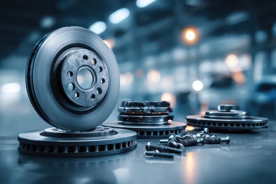 Close-up of car brake discs and brake pads on a workshop table, showcasing high-quality replacement parts and components for automotive maintenance and repair.