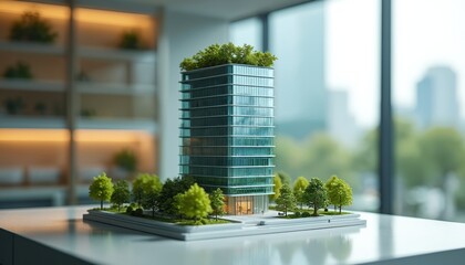 Naklejka premium Modern high-rise office building model on white table. Miniature skyscraper with green roof, trees. Glass facade, urban landscape in background. Architectural model of sustainable city development.