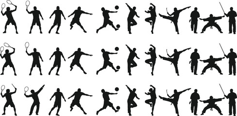 Silhouettes of athletes in diverse sports poses including boxing, ballet, fencing, soccer, martial arts, ideal for fitness and design.