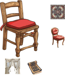 old wooden chair isolated on white, set of household appliances 