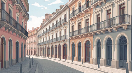 Obraz premium Romantic Old Town Street with Soft Pastel Facades.