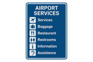 Airport services sign showing baggage claim, restaurant, restrooms, information, and assistance on transparent background