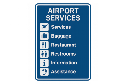 Airport services sign showing baggage claim, restaurant, restrooms, information, and assistance on transparent background