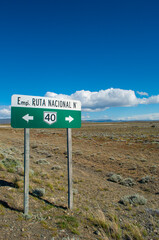 Patagonia, Argentina: sign of National Route 40 (RN40 or Ruta 40), famous 5194 km route parallels the Andes mountains in western Argentina, from La Quiaca in the north to Cabo Virgenes in the south 
