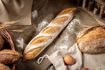 Fresh homemade baguette on burlap with eggs and wheat ears