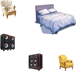 set of furniture Includes mattress, wooden chair, and loudspeaker 