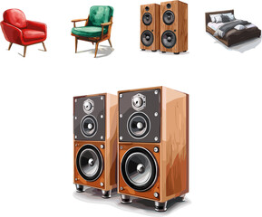 audio speakers isolated on white in color style, set of household appliances 