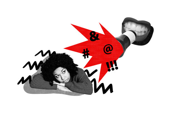 Fototapeta Creative poster collage of sad young female bullying aggression mouth angry unusual fantasy billboard comics zine