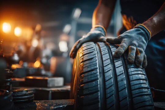 Close-up of a mechanic holding a car tire in a garage with professional equipment, ensuring quality, safety and maintenance for a smooth and reliable drive.