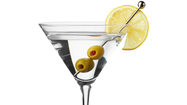 Classic martini cocktail with olives and lemon wedge ready to refresh
