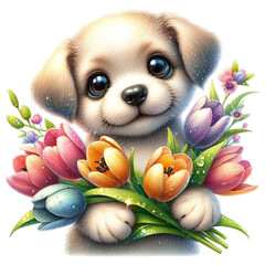 Sweet Puppy Digital Art Portrait Holding Bright Spring Tulip Bouquet, Isolated on Transparent Background