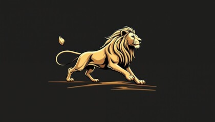 Illustration of a golden lion in a dynamic pose. The artwork features a powerful animal symbol, a bold emblem. It is suitable for logos branding and design.